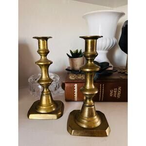 Vintage Brass Candlestick Holders Pair, Hexagon Base, 8” Colonial Revival